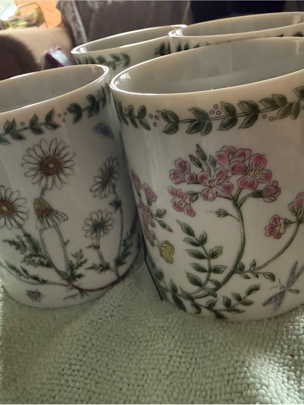 Ross-Simons Porcelain Mugs with Pink Floral & Green Leaf Border (Set)
